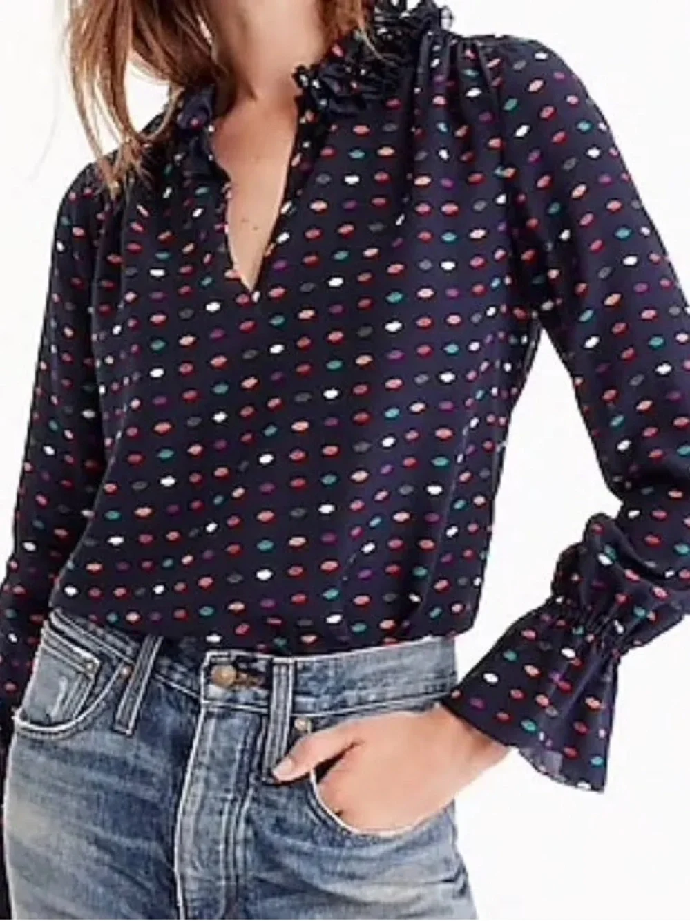 J Crew 100% Silk Ruffle Neck Blouse in Kissy Lips Print, Women’s size 0
